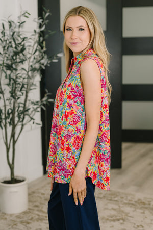 Sea Spray Collared Sleeveless Top in Island Bloom (SM-3X) - STB Boutique