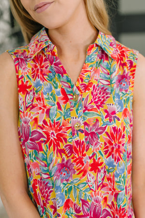 Sea Spray Collared Sleeveless Top in Island Bloom (SM-3X) - STB Boutique
