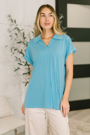 Sea You Soon Collared Top in Costal Blue (SM-3X)