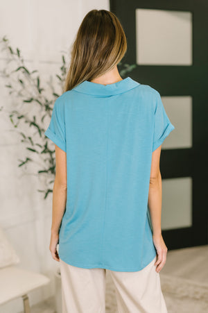 Sea You Soon Collared Top in Costal Blue (SM-3X)