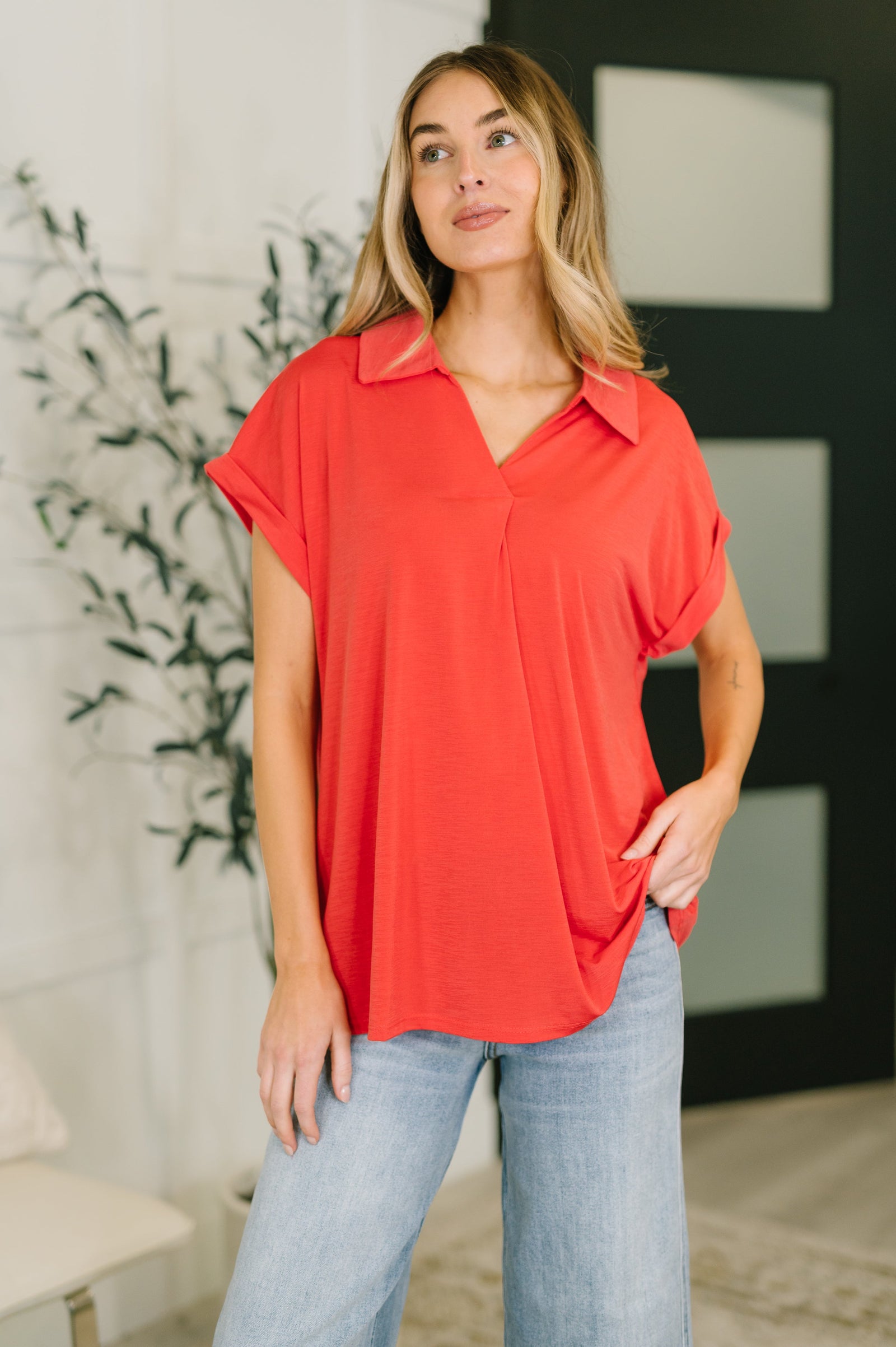 Sea You Soon Collared Top in Hot Coral (SM-3X)