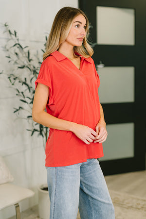 Sea You Soon Collared Top in Hot Coral (SM-3X)
