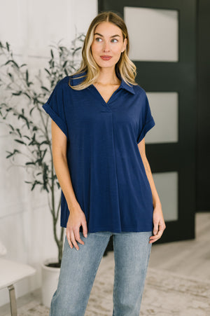 Sea You Soon Collared Top in Navy (SM-2X)