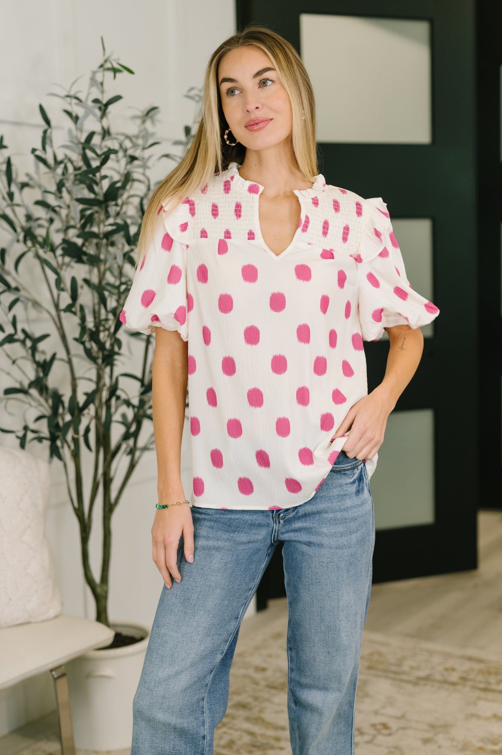 Shopping Spree Notched Neck Puff Sleeve Blouse (SM-XL)