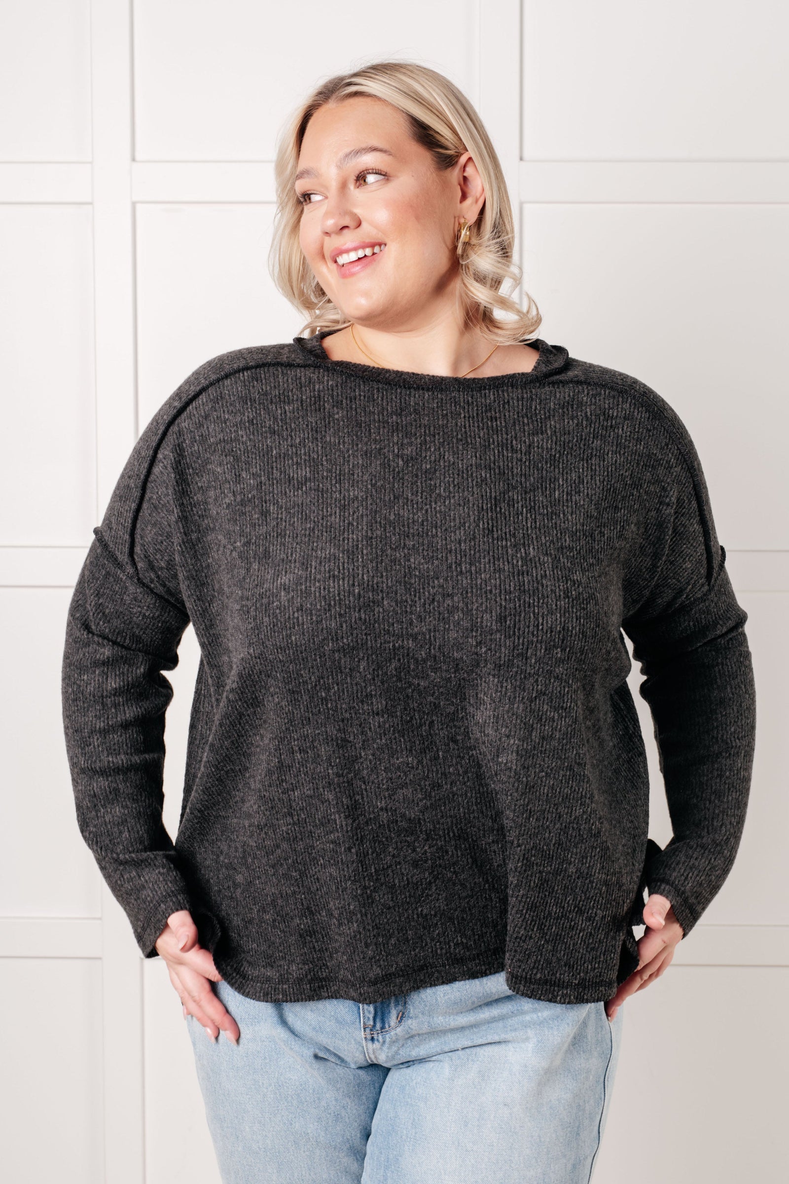Simply Basic Ribbed Hacci Sweater in Black (SM-3X)