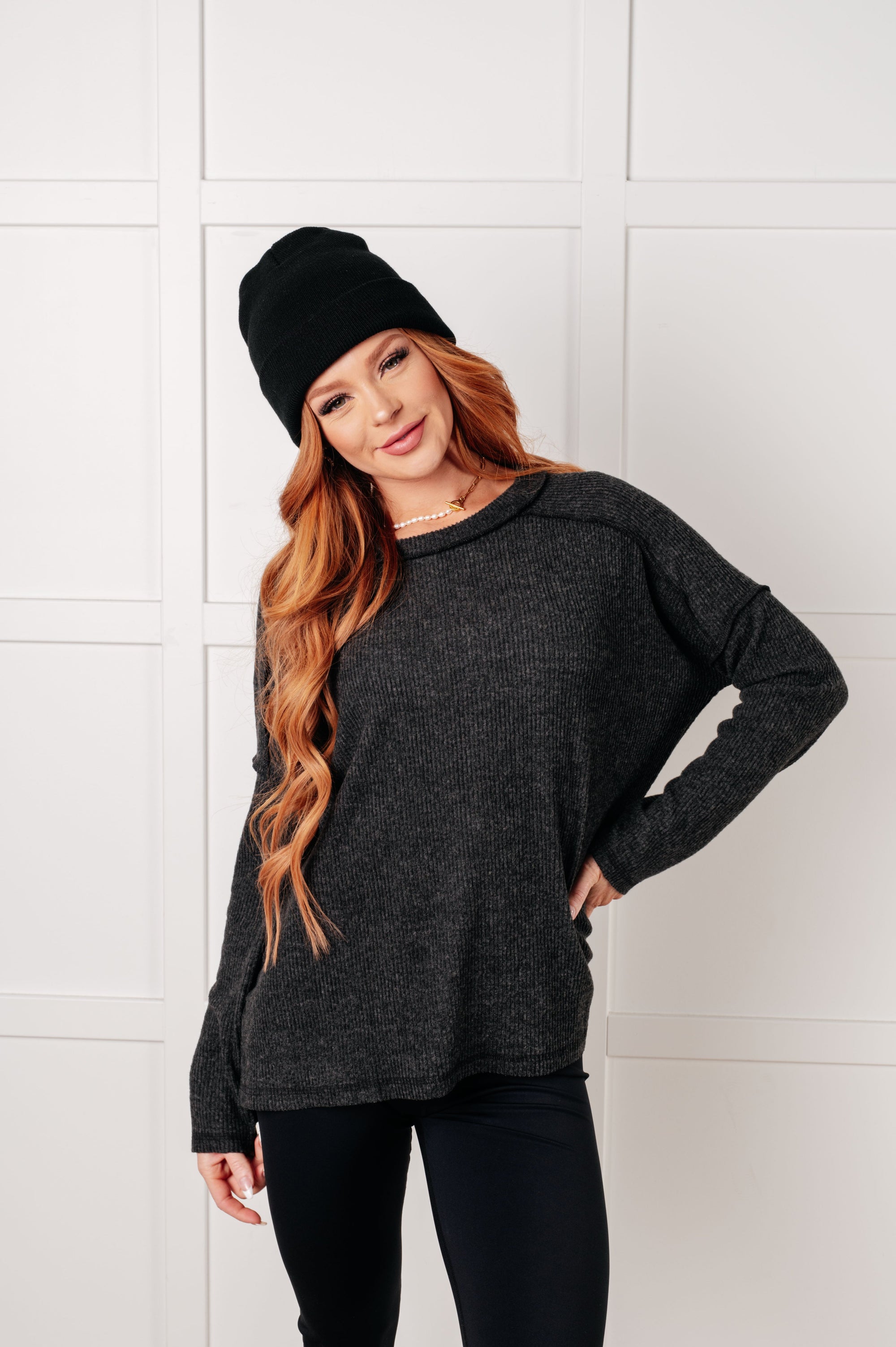 Simply Basic Ribbed Hacci Sweater in Black (SM-3X)