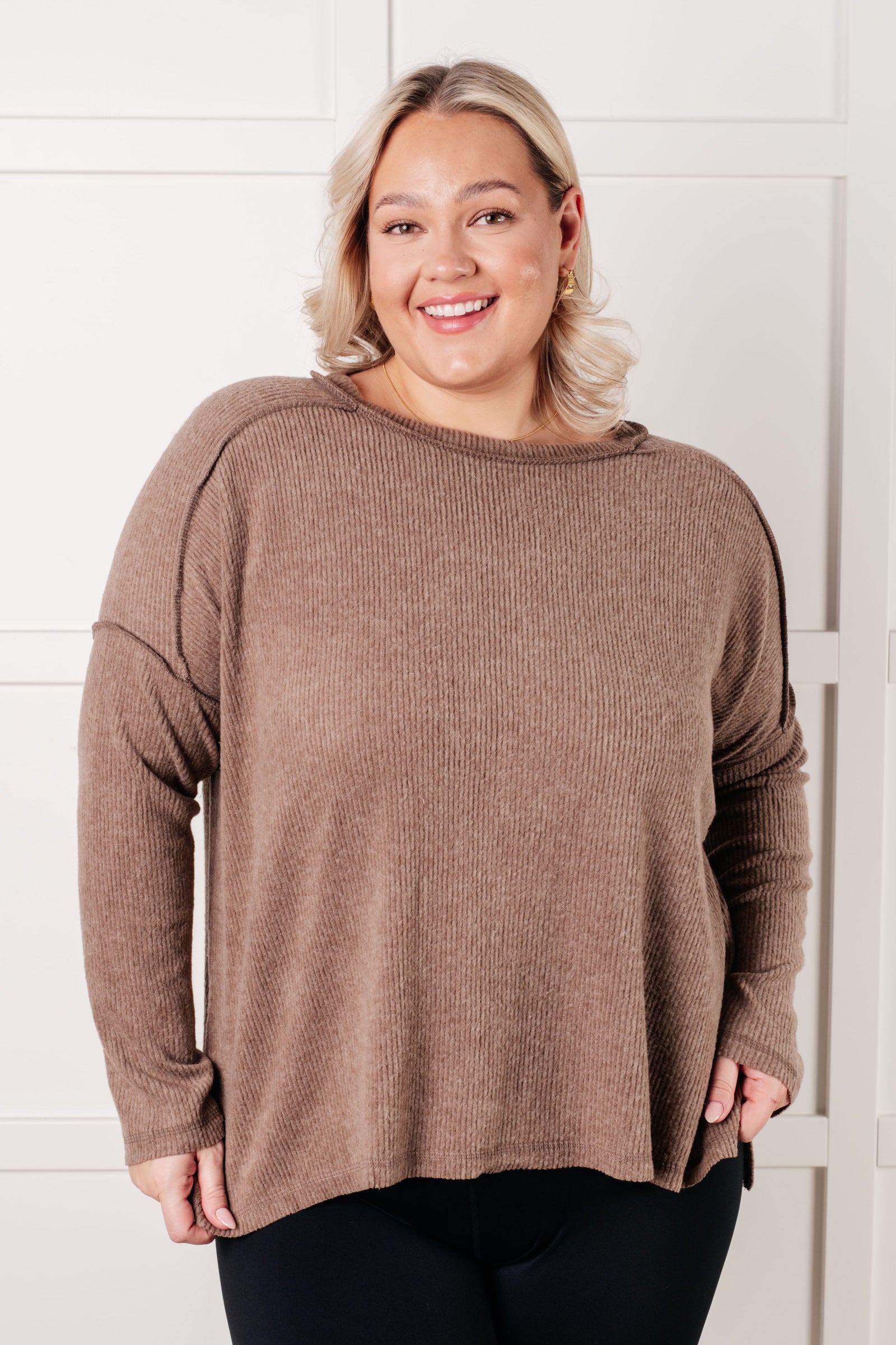 Simply Basic Ribbed Hacci Sweater in Mocha (SM-3X)