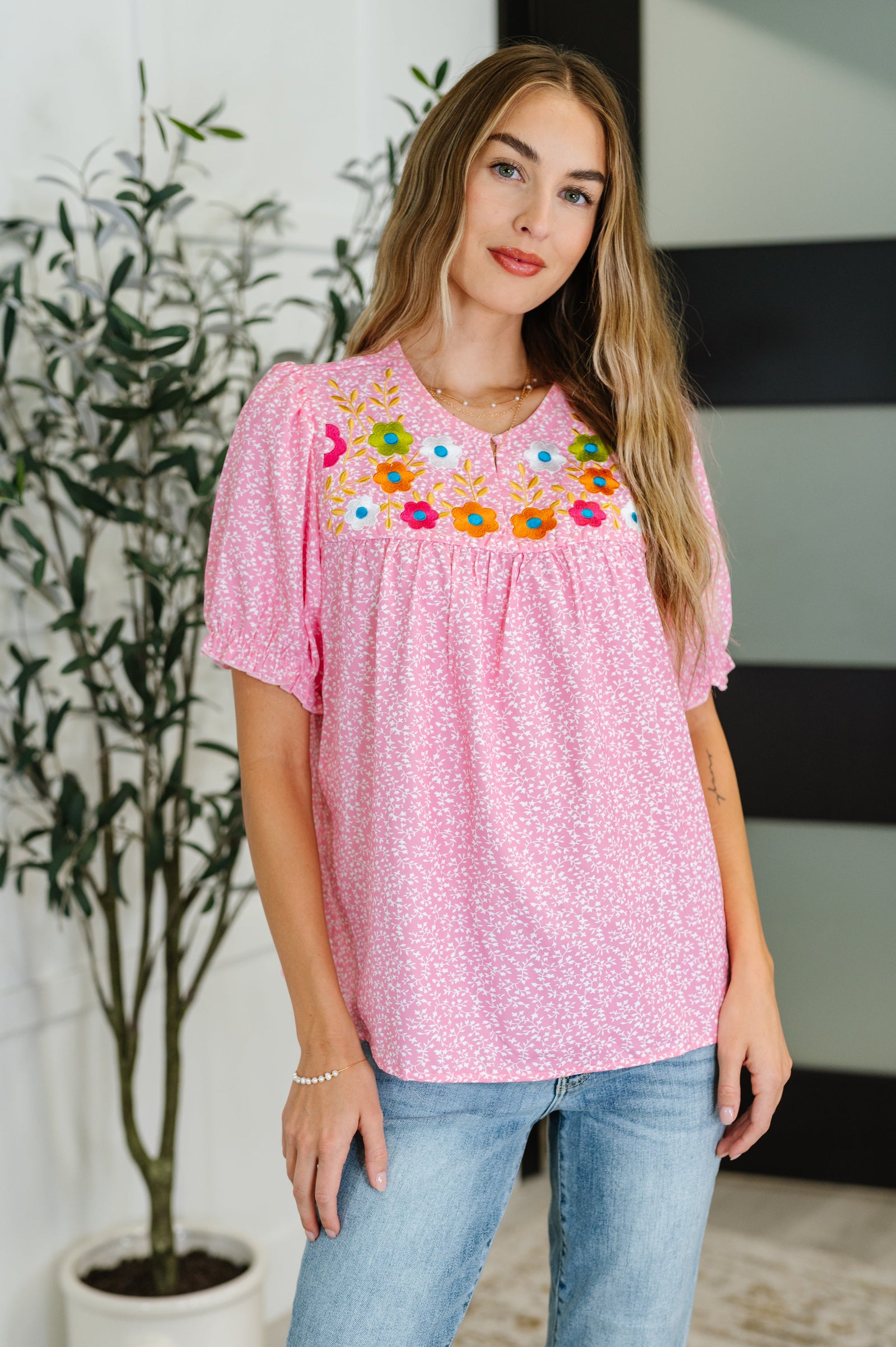 Wander Bloom Embroidered Puff Sleeve Blouse in Pink (SM-XL)
