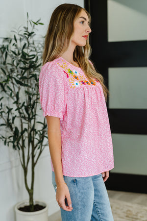 Wander Bloom Embroidered Puff Sleeve Blouse in Pink (SM-XL)