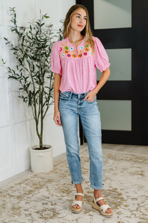 Wander Bloom Embroidered Puff Sleeve Blouse in Pink (SM-XL)