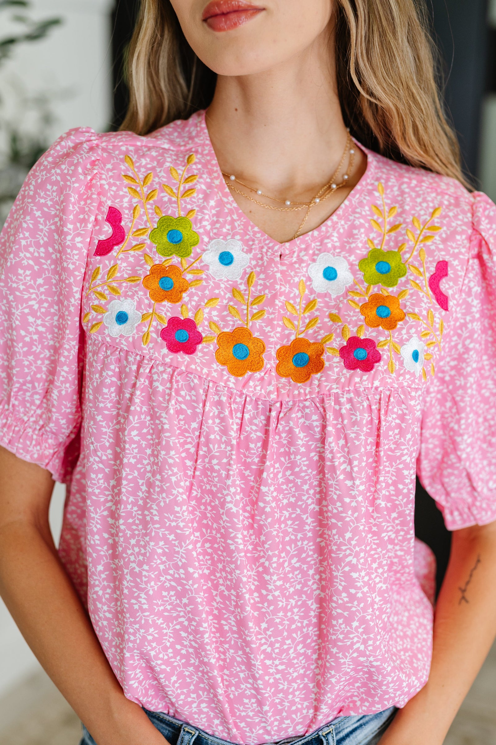 Wander Bloom Embroidered Puff Sleeve Blouse in Pink (SM-XL)