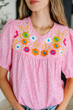 Wander Bloom Embroidered Puff Sleeve Blouse in Pink (SM-XL)