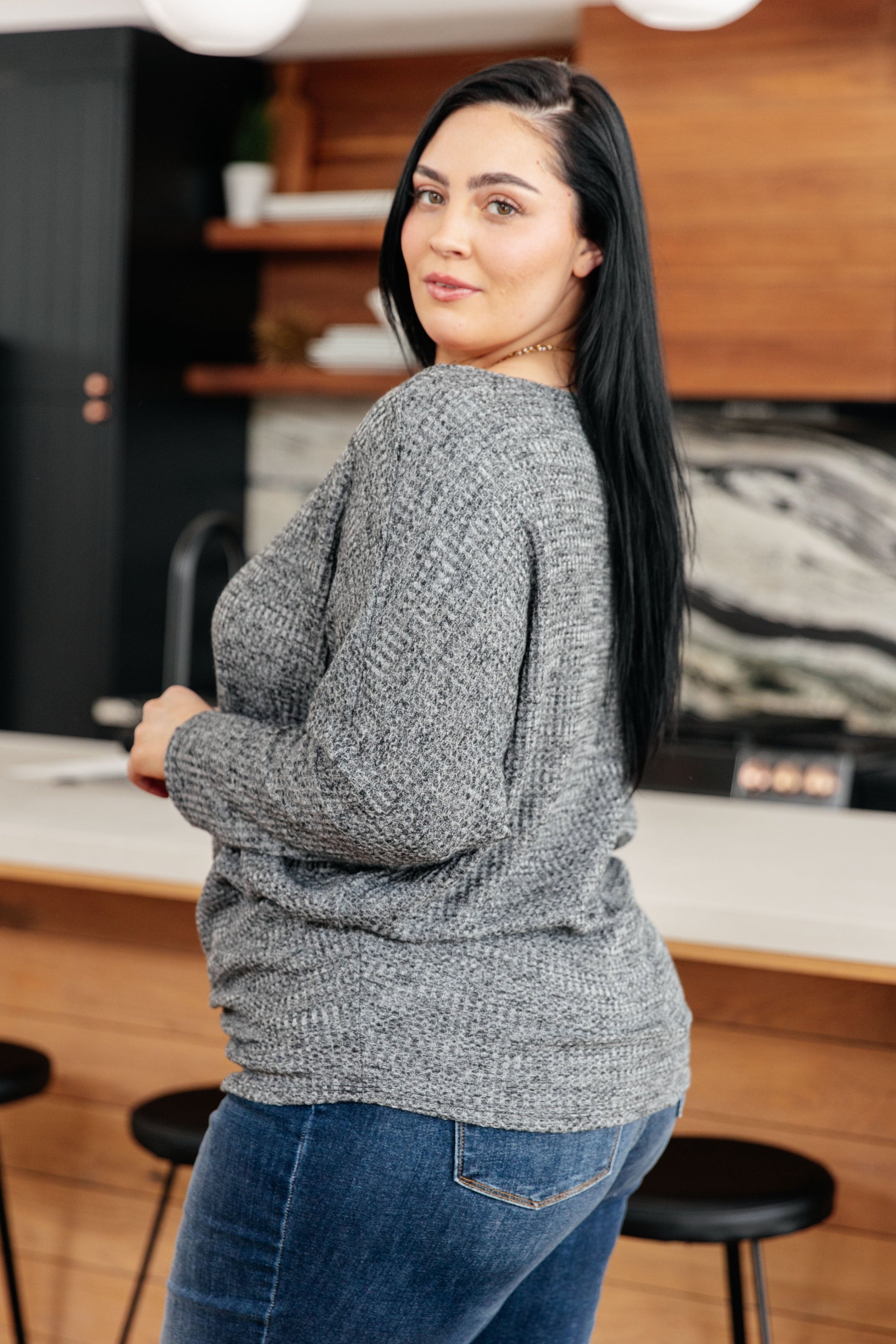 Warm Thoughts Ribbed Top in Charcoal (SM-3X) - STB Boutique