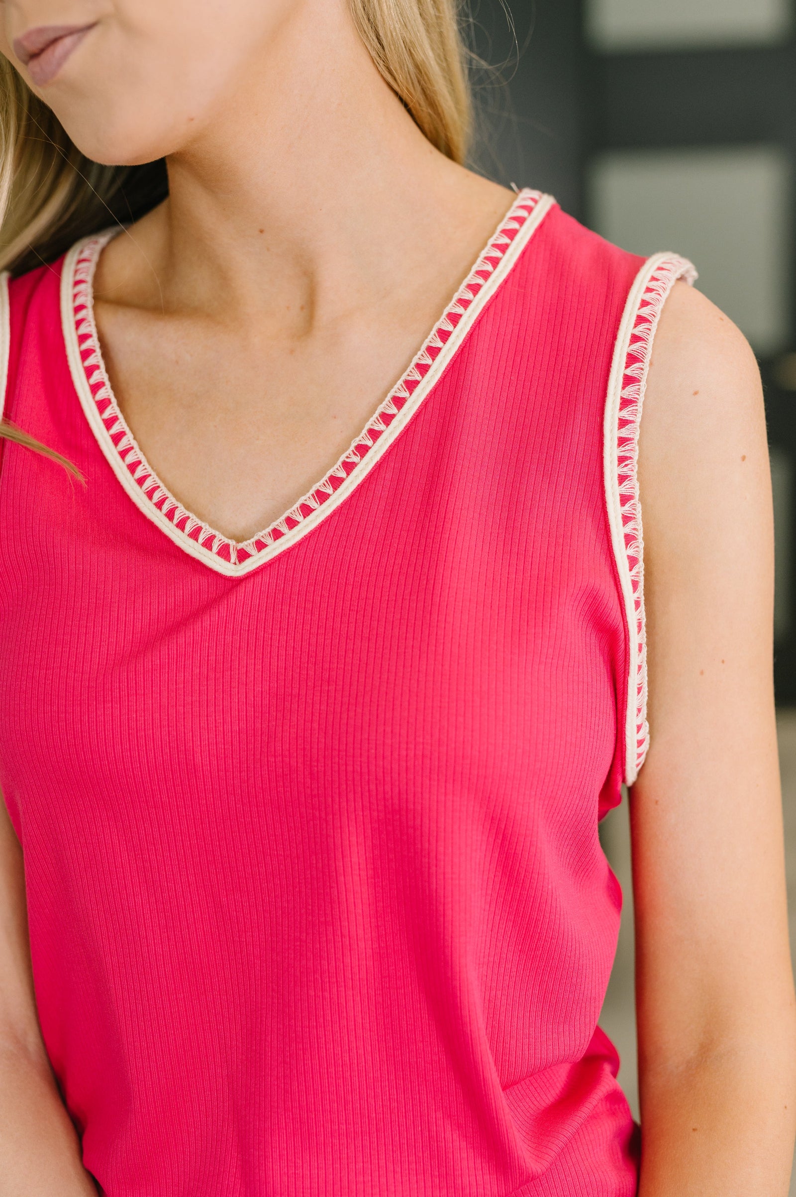 Whisper Trim Detailed V-Neck Tank in Hot Pink (SM-3X) - STB Boutique