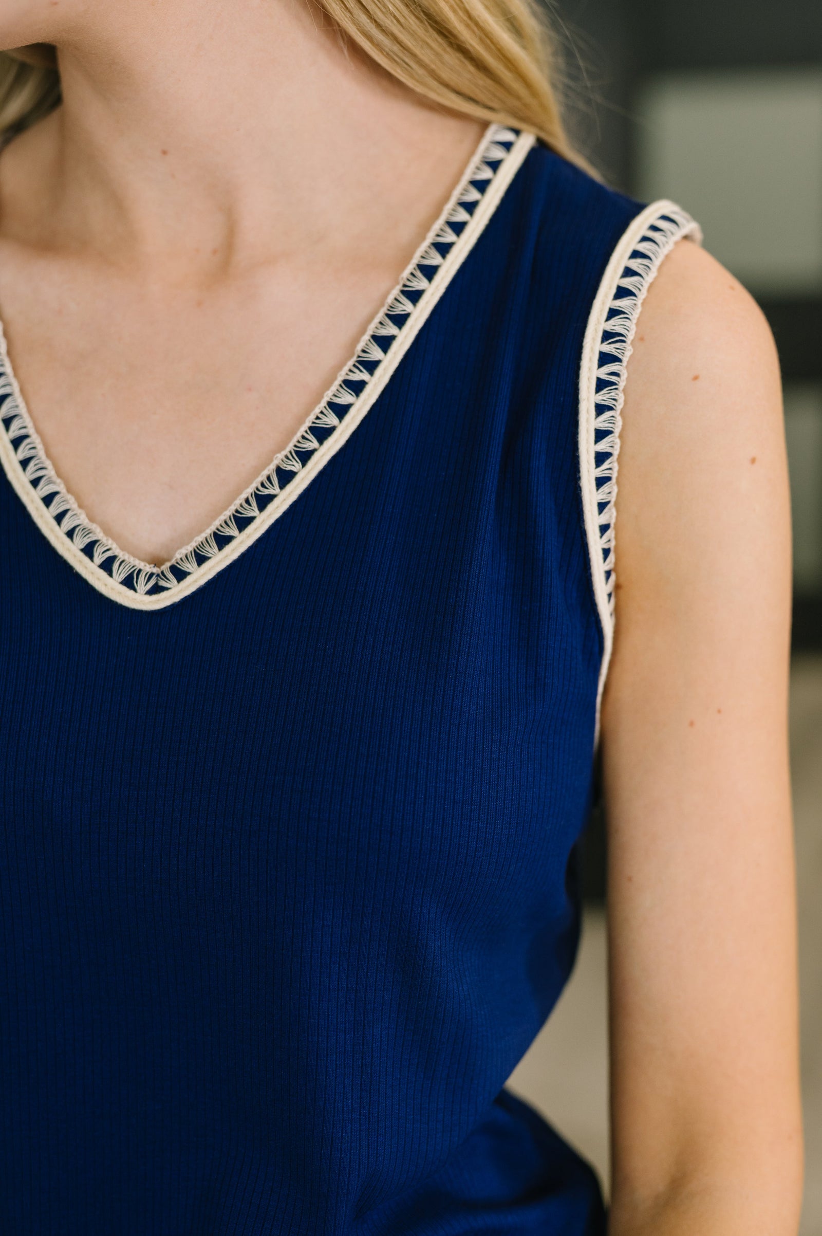 Whisper Trim Detailed V-Neck Tank in Navy (SM-3X) - STB Boutique