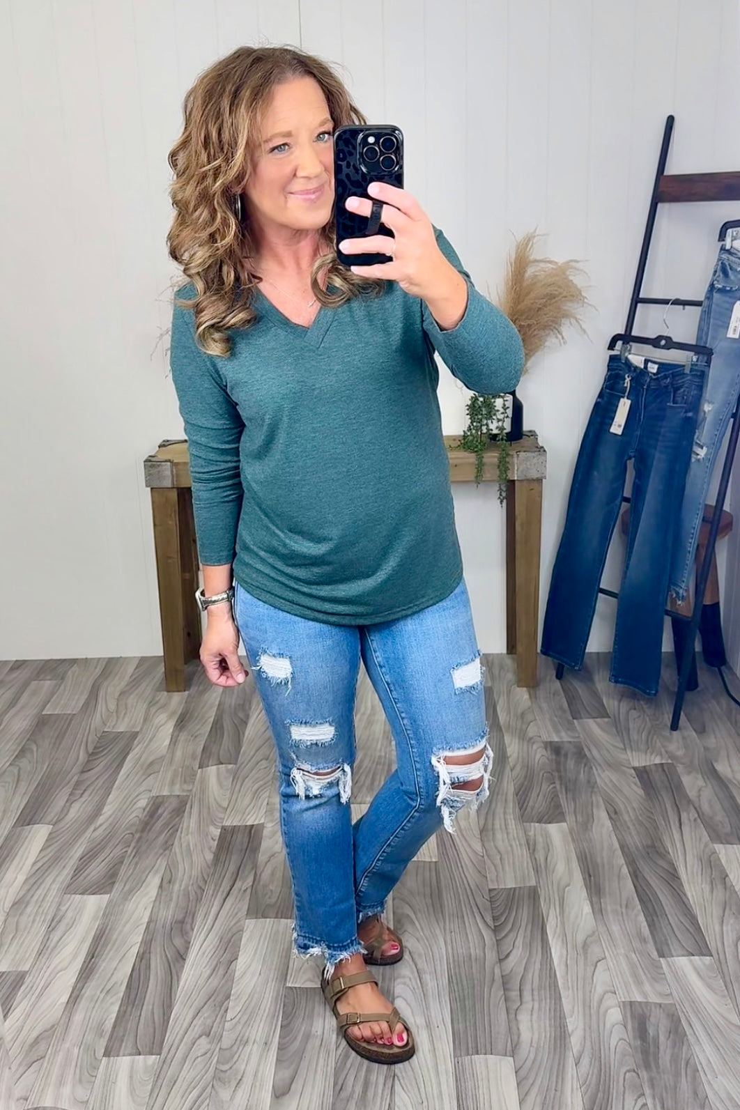 Dk Green Vneck Long Sleeve Tee (SM-XL) - STB Boutique
