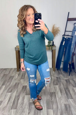Dk Green Vneck Long Sleeve Tee (SM-XL) - STB Boutique