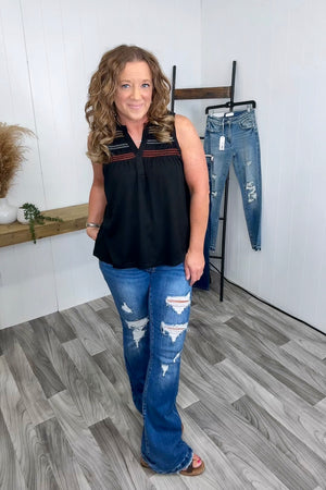 Black Color Stitch Vneck Flowy Tank (SM-XL)