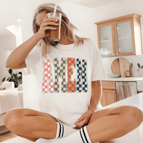 Checkered Retro Amen Tee - Preorder - STB Boutique