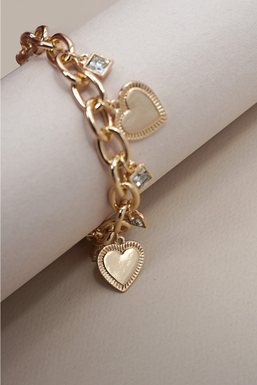 Gold Heart & Rhinestone Charm Bracelet