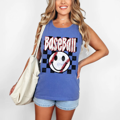 Distressed Baseball Happy Face Tank - Preorder - STB Boutique