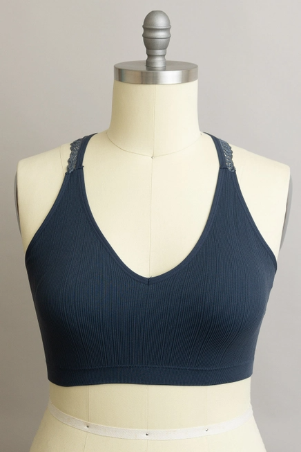 Navy Ribbed Seamless Lace Racerback Bralette (SM-2X) - STB Boutique