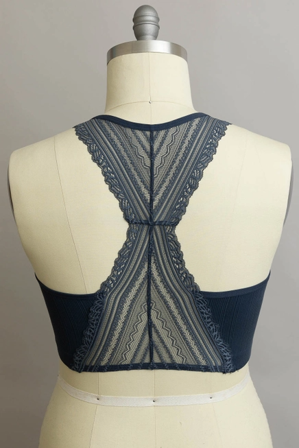 Navy Ribbed Seamless Lace Racerback Bralette (SM-2X) - STB Boutique