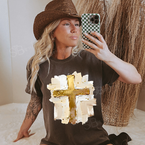Faux Painted Gold Cross Tee - Preorder