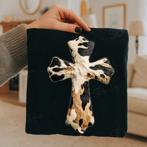Faux Patch Cowhide Western Cross Tee - Preorder - STB Boutique