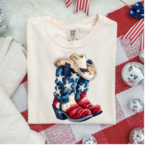 Faux Yarn Patriotic Cowboy Boots Tee - Preorder - STB Boutique