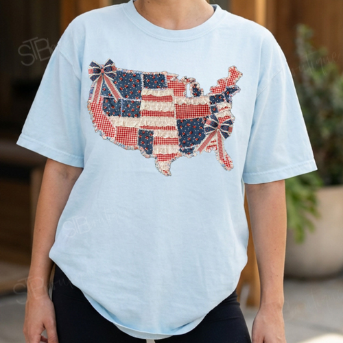Faux Fabric Patriotic Patchwork USA Map Tee - Preorder