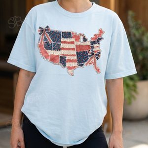Faux Fabric Patriotic Patchwork USA Map Tee - Preorder