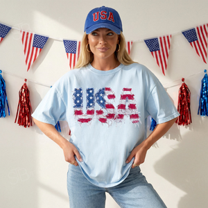 Faux Frayed Fabric Patchwork USA Tee - Preorder