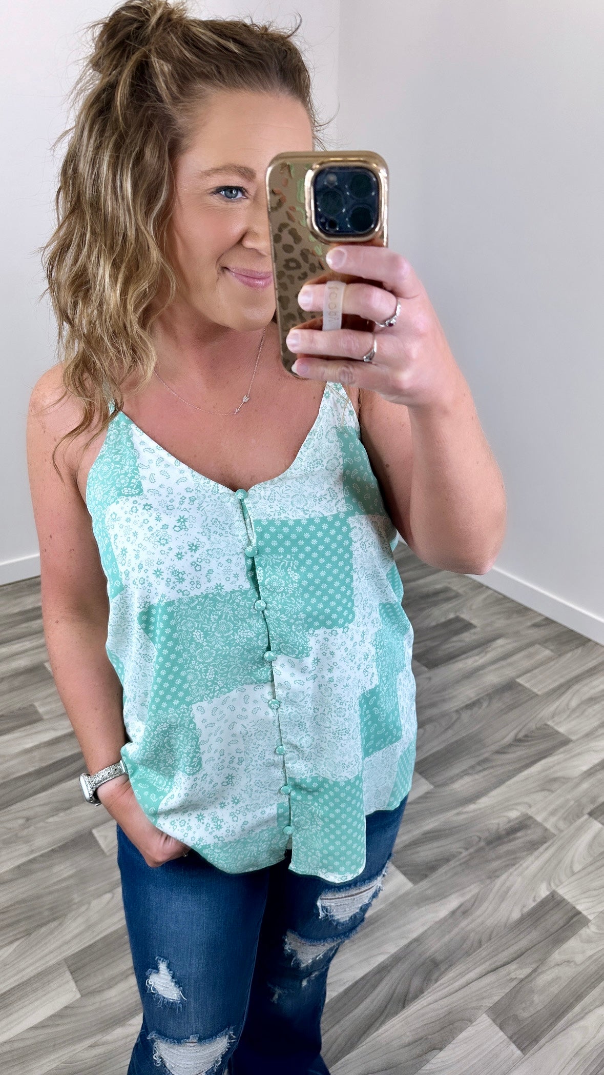 Mint Patched Paisley Button Tank