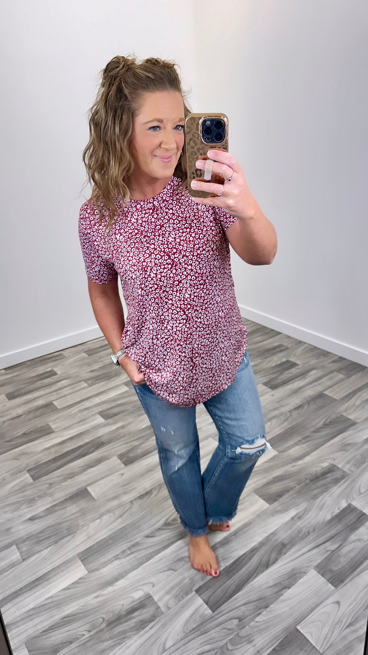 Burgundy Abstract Floral SS Top (SM-XL)
