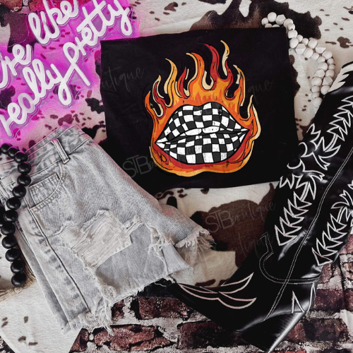 Flames & Checkered Lips Tee - Preorder