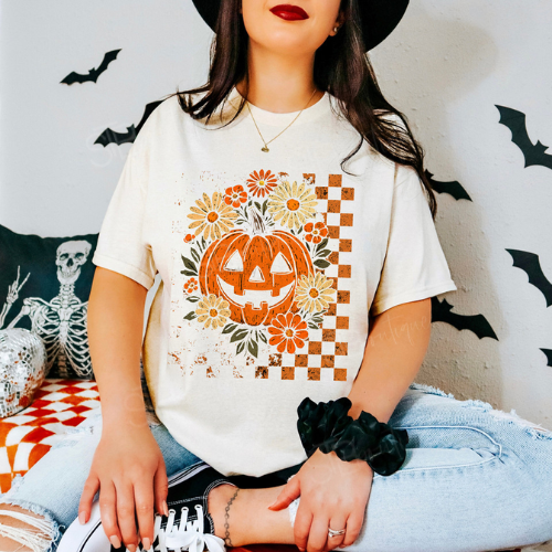 Pumpkin Floral Checker Tee - Preorder