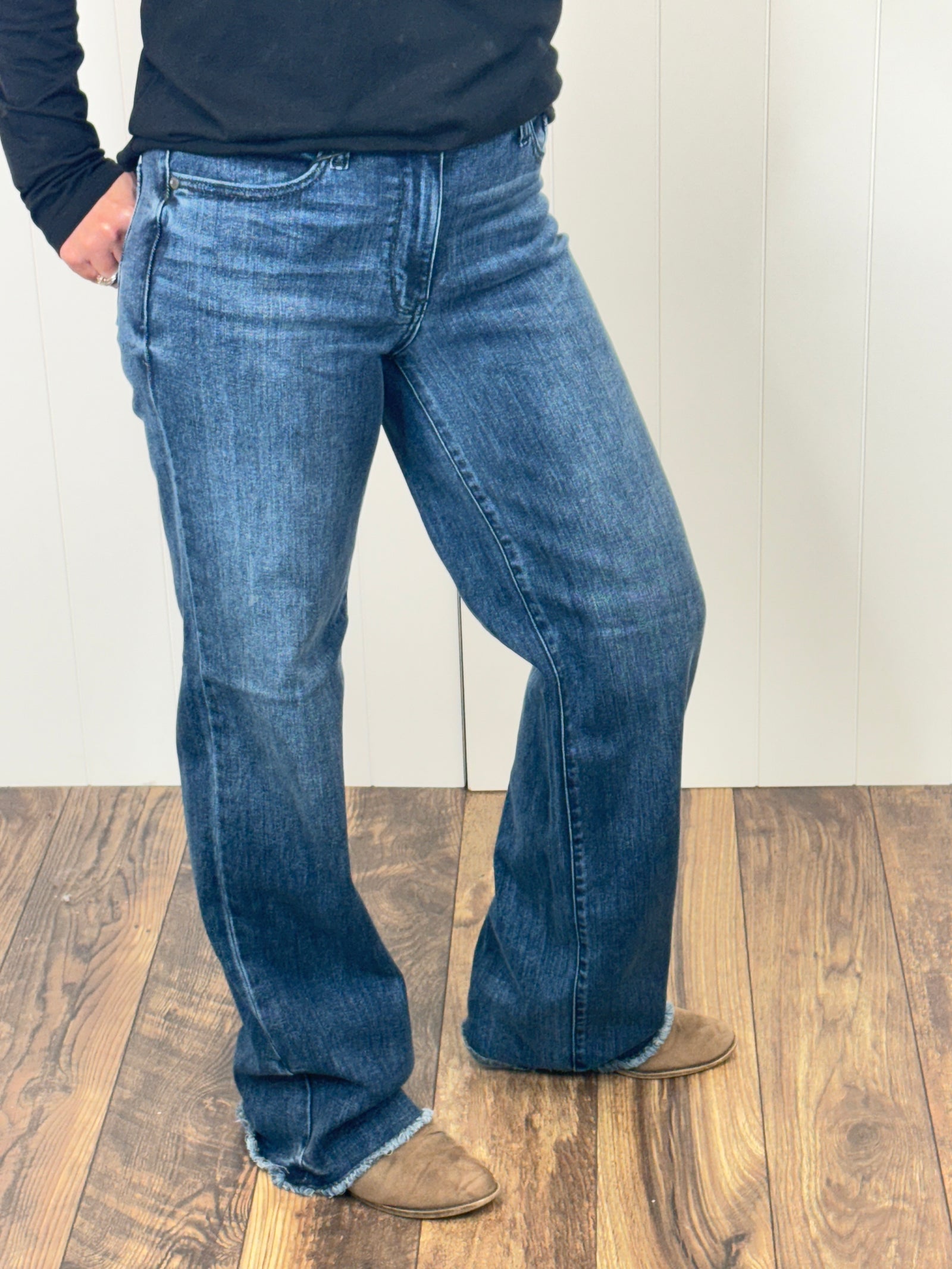 Judy Blue Mid Rise Raw Hem Wide Leg Jeans (0-24) - STB Boutique