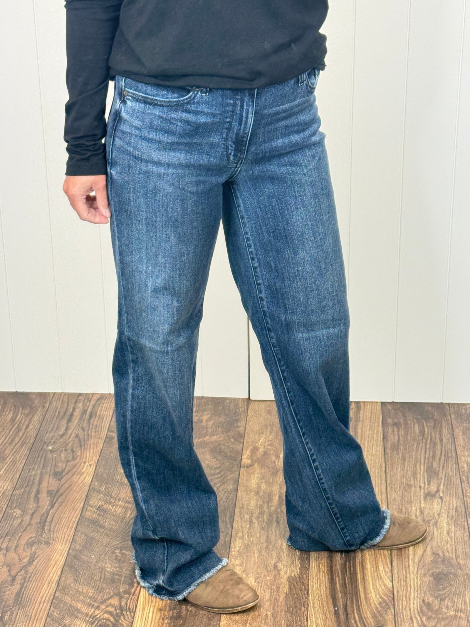 Judy Blue Mid Rise Raw Hem Wide Leg Jeans (0-24) - STB Boutique