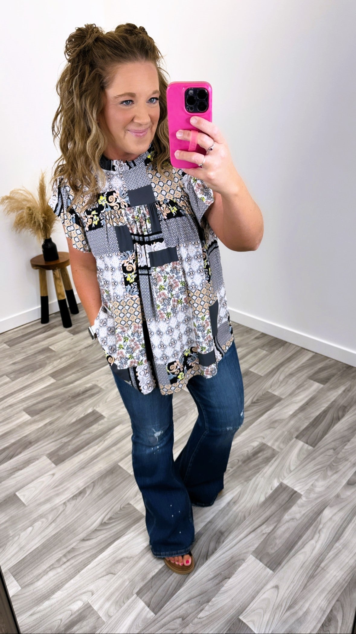 Gray Patched Paisley Ruffle Top (SM-2X)