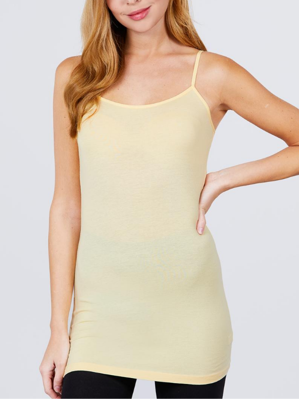 Lt Yellow Basic Cotton Long Adjustable Spaghetti Strap Cami Tank