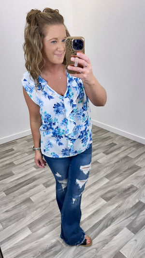 White Blue Teal Floral Ruffle Vneck Tank