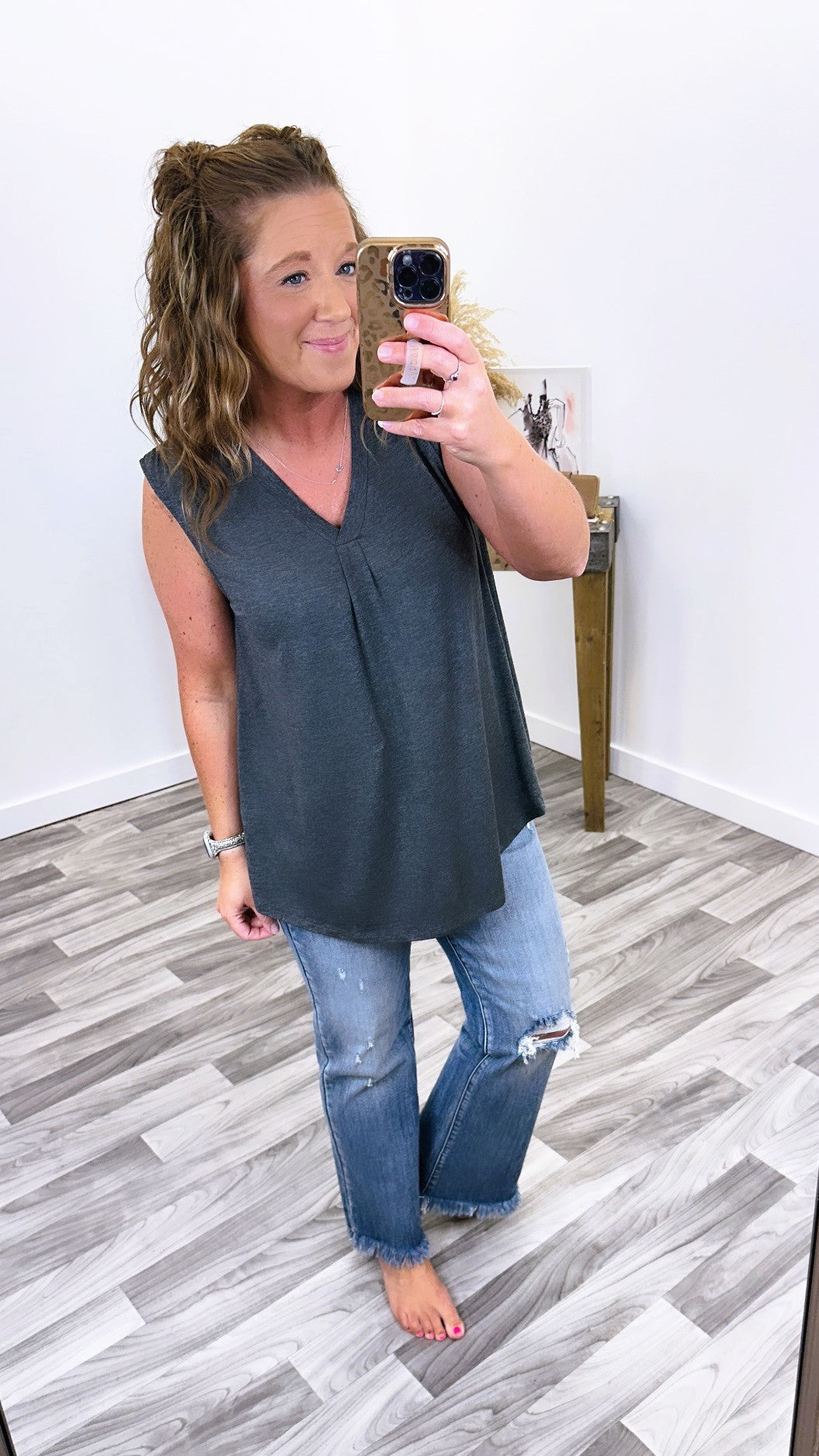 Charcoal Vneck Pleated Oversized Tank (SM-XL)