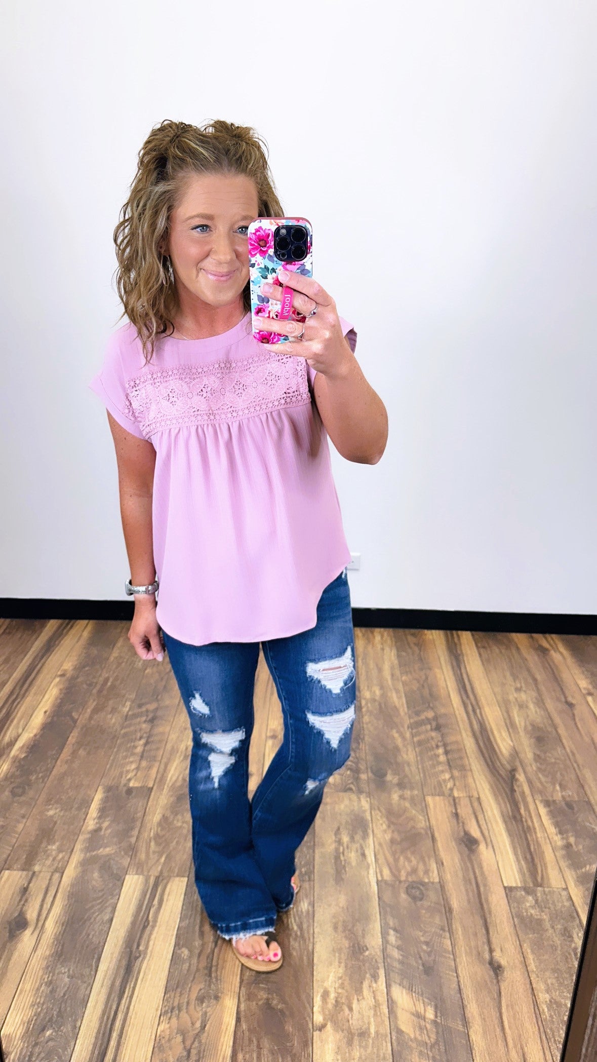 Dusty Pink Floral Eyelet SS Top (SM-3X)