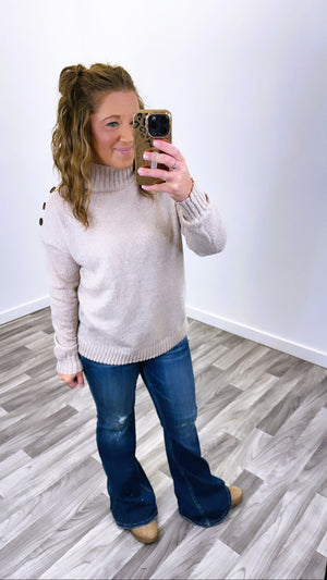 Oatmeal Button Mock Neck Sweater