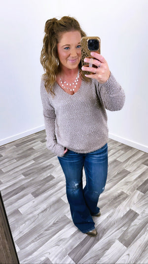 Taupe Tinsel Vneck Knit Sweater
