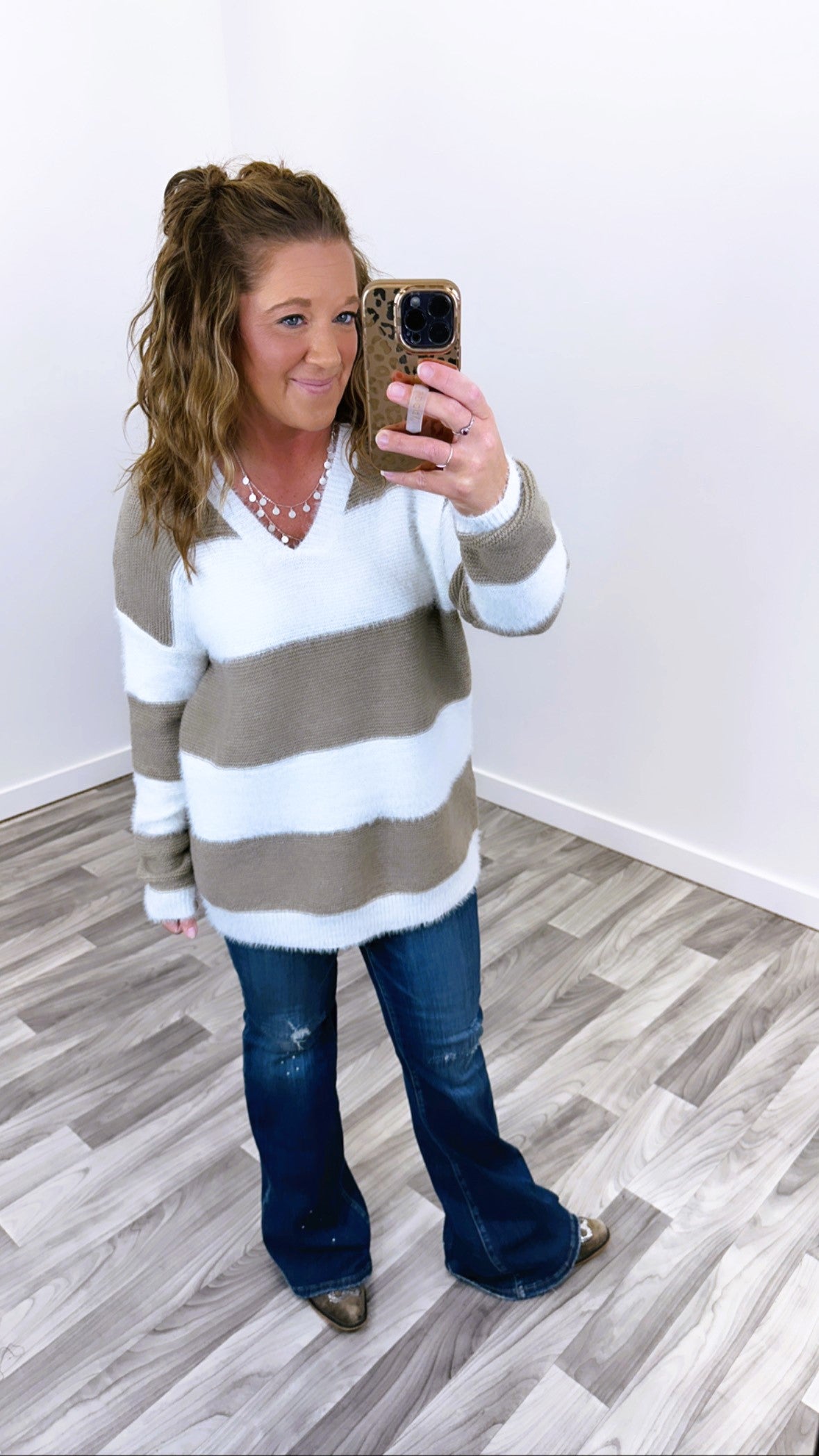 White Taupe Striped Fluffy Knit Oversized Sweater (SM-XL)
