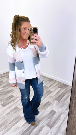 White Pink Gray Knit Button Boyfriend Cardigan (SM-XL)