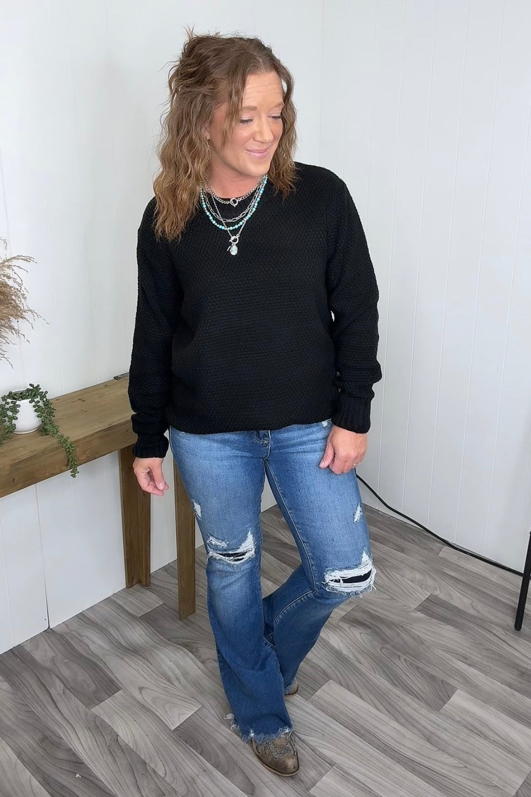 Black Round Hem Basic Knit Sweater (SM-3X) - STB Boutique