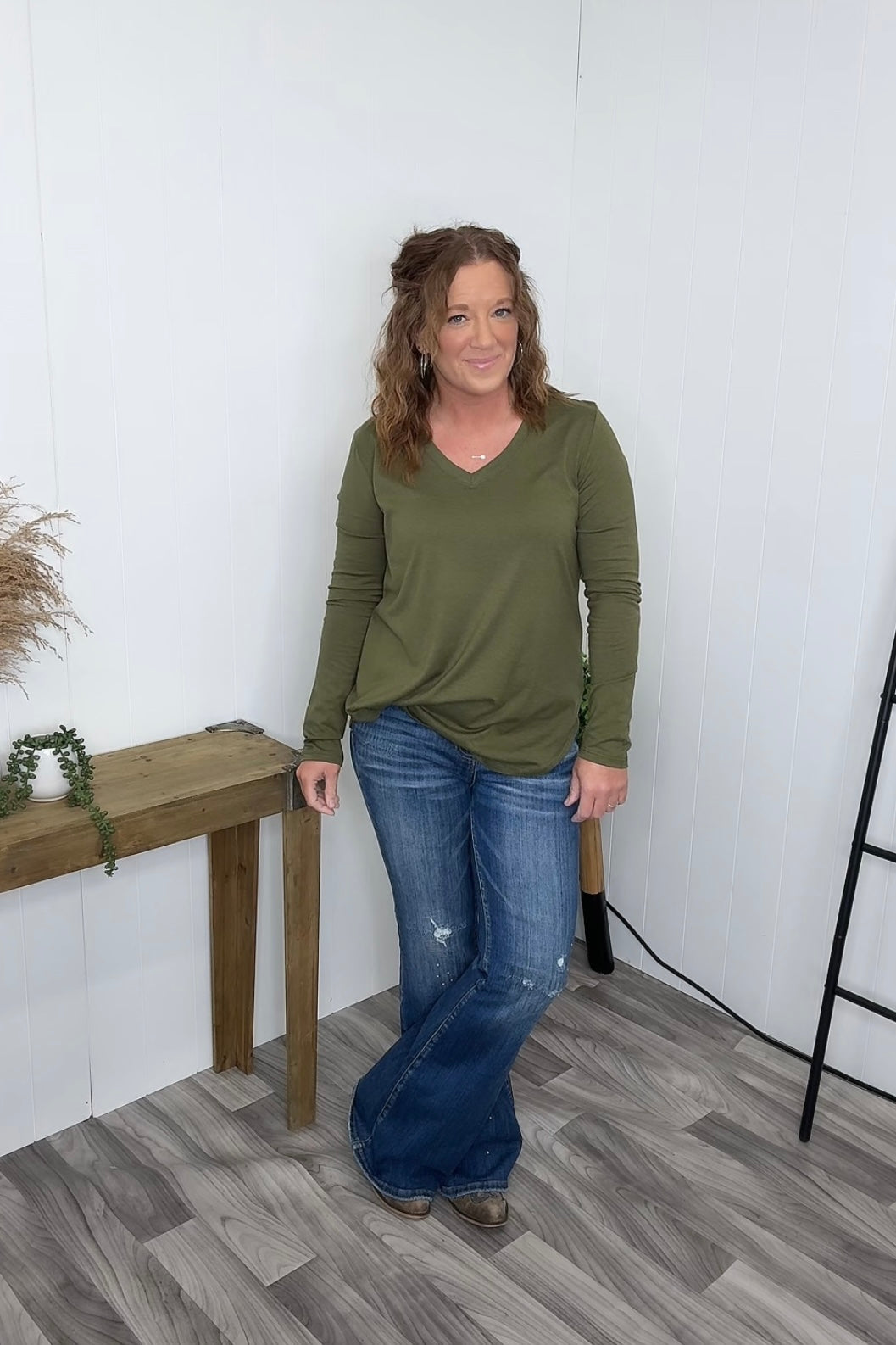 Olive Green Vneck Loose Long Sleeve Basic Tee (SM-3X) - STB Boutique